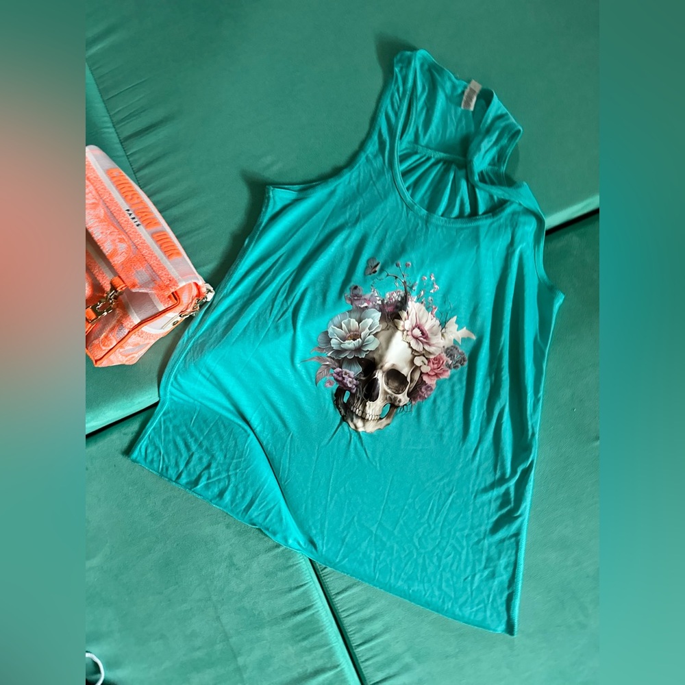 Floral Skull Flowy Tank - teal